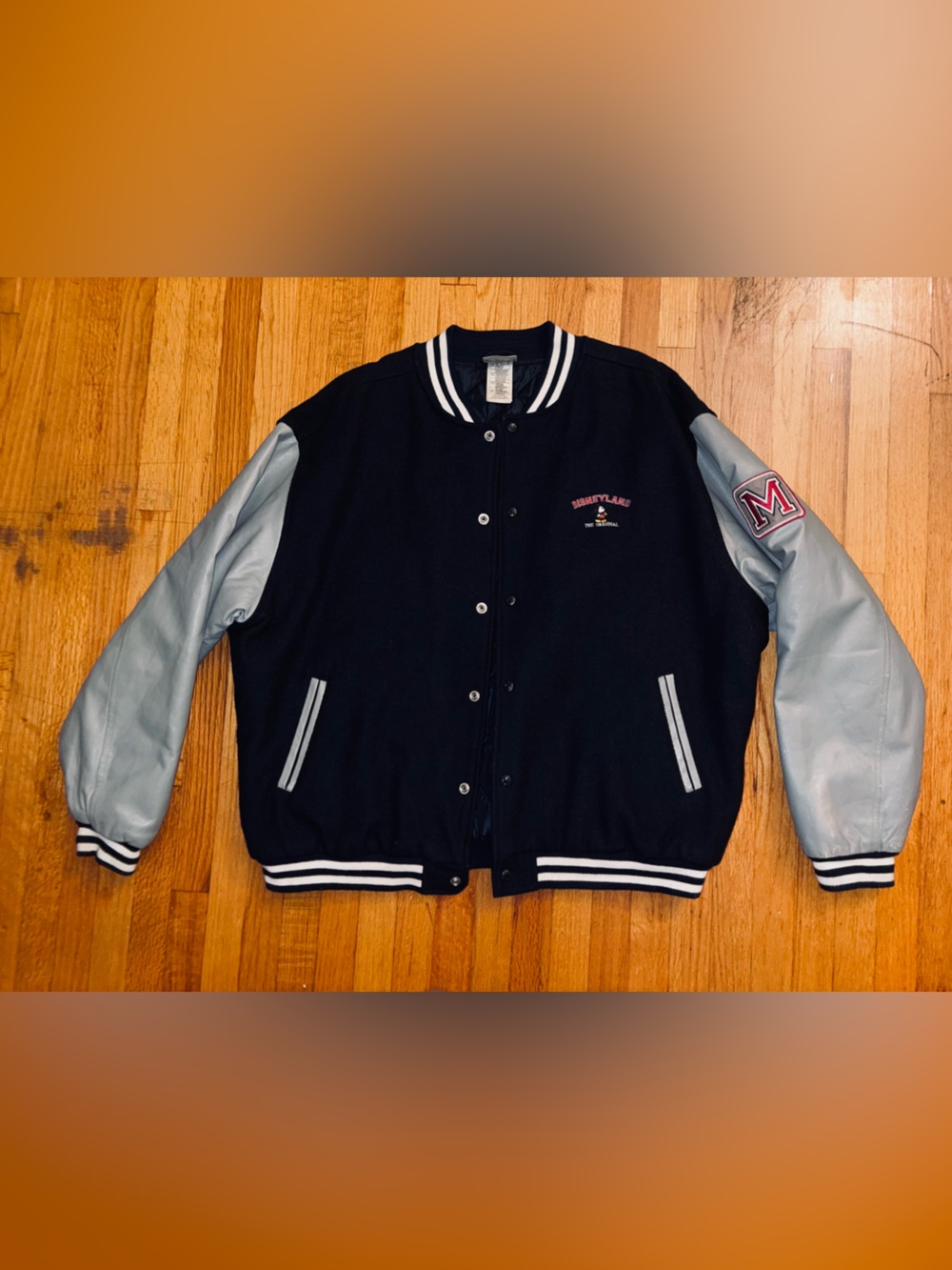 Disney Varsity Embroidered Leather / Wool Jacket Mens Sz XL Navy/Gray